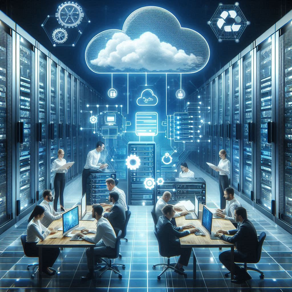 A team of IT professionals working in a modern data center, surrounded by servers and cloud infrastructure. The image highlights the seamless integration of cloud services into business operations, showcasing the efficiency and scalability of cloud technology.