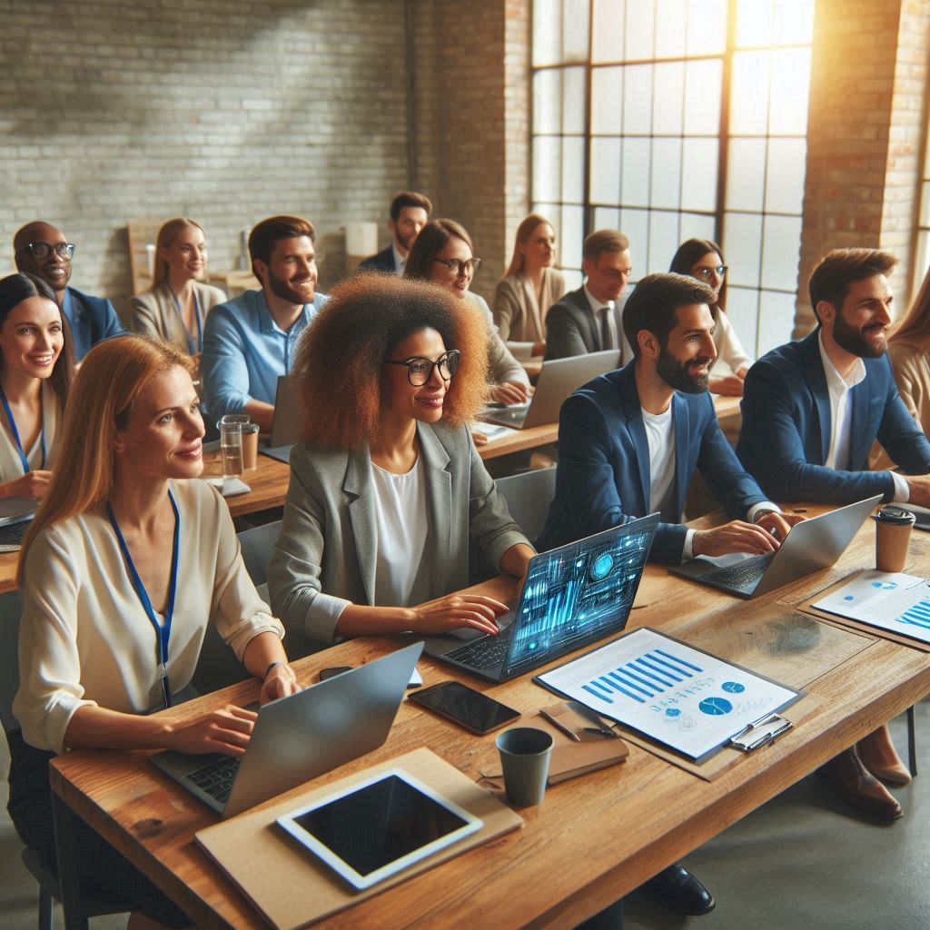 a diverse group of professionals participating in an IT training workshop